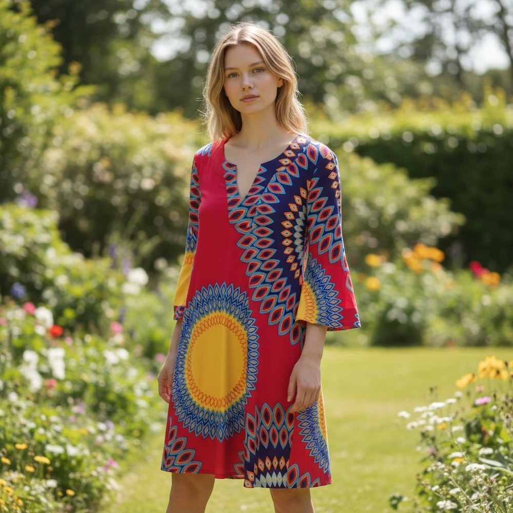 Aryeh Rec Blue Yellow Sunburst Geometric 3/4 Sleeve Shift Dress Womens Medium